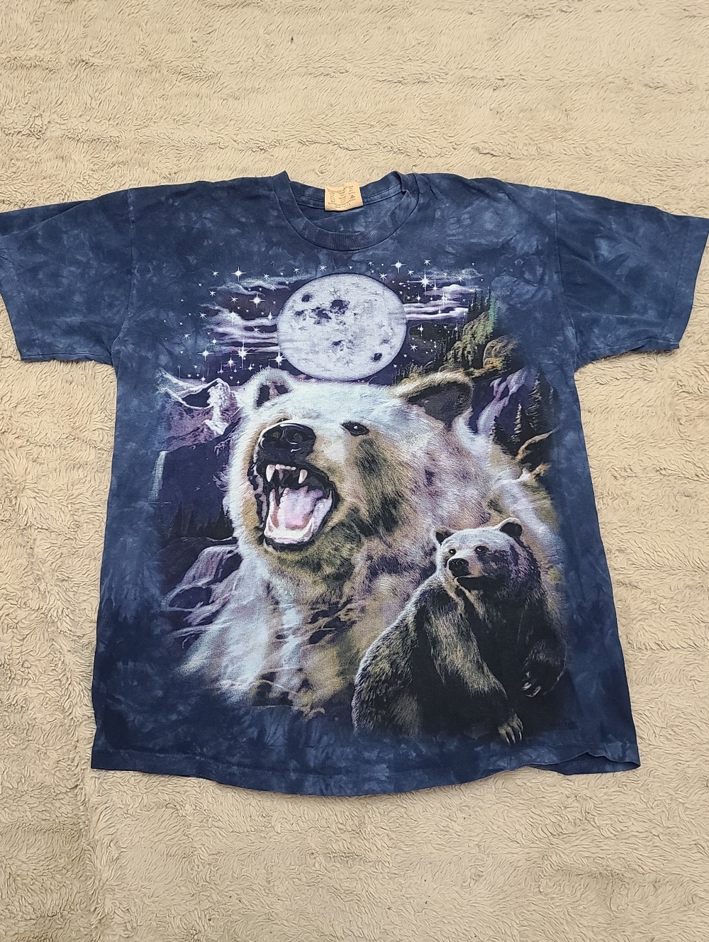 Vintage The Mountain Blue Washed Tie Dye Graphic Tee with Bear And Moon